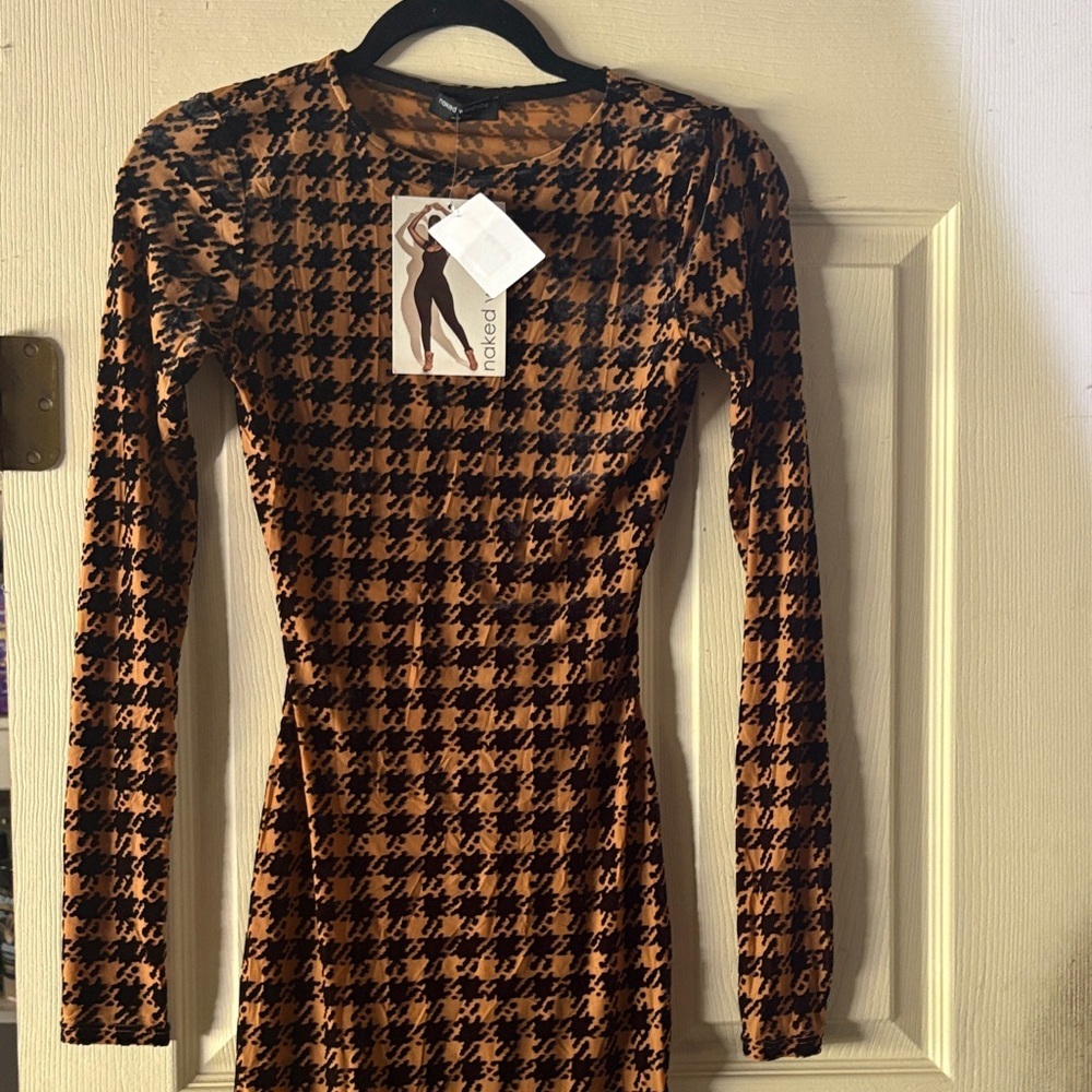 naked wardrobe Black and Brown Houndstooth Long Sleeve Dress